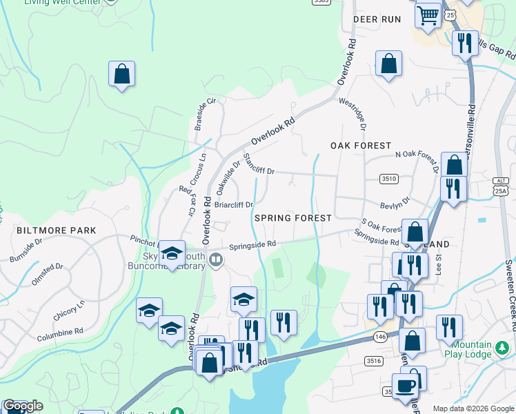 map of restaurants, bars, coffee shops, grocery stores, and more near 15 Briarcliff Drive in Asheville