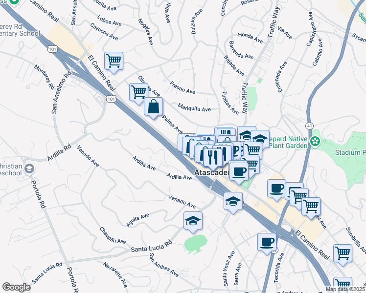 map of restaurants, bars, coffee shops, grocery stores, and more near 5425 El Camino Real in Atascadero
