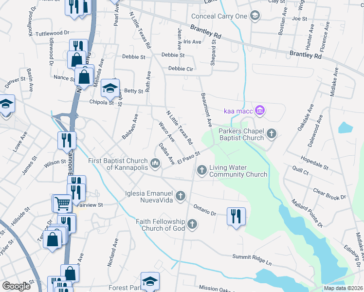 map of restaurants, bars, coffee shops, grocery stores, and more near 211 North Little Texas Road in Kannapolis