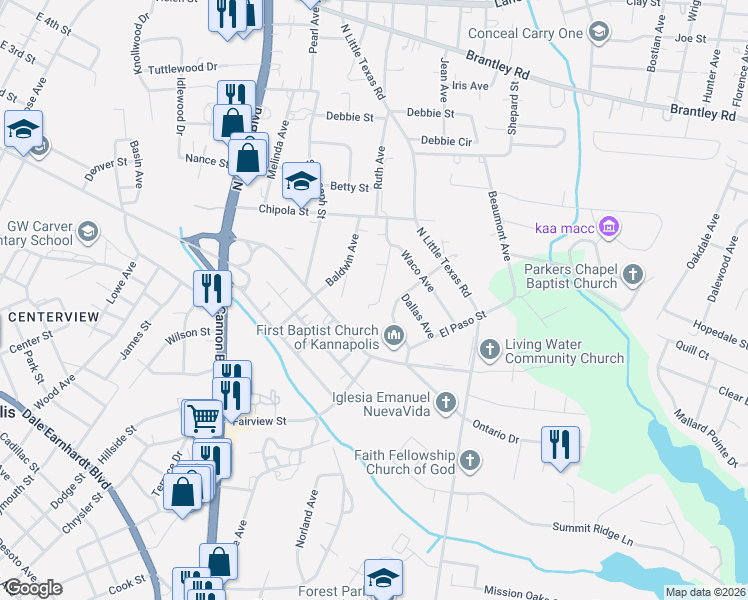 map of restaurants, bars, coffee shops, grocery stores, and more near 122 Fort Worth Avenue in Kannapolis
