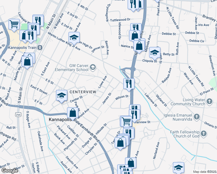 map of restaurants, bars, coffee shops, grocery stores, and more near 201 Wood Avenue in Kannapolis