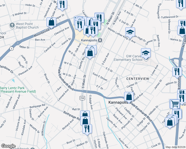 map of restaurants, bars, coffee shops, grocery stores, and more near 401 South Ridge Avenue in Kannapolis