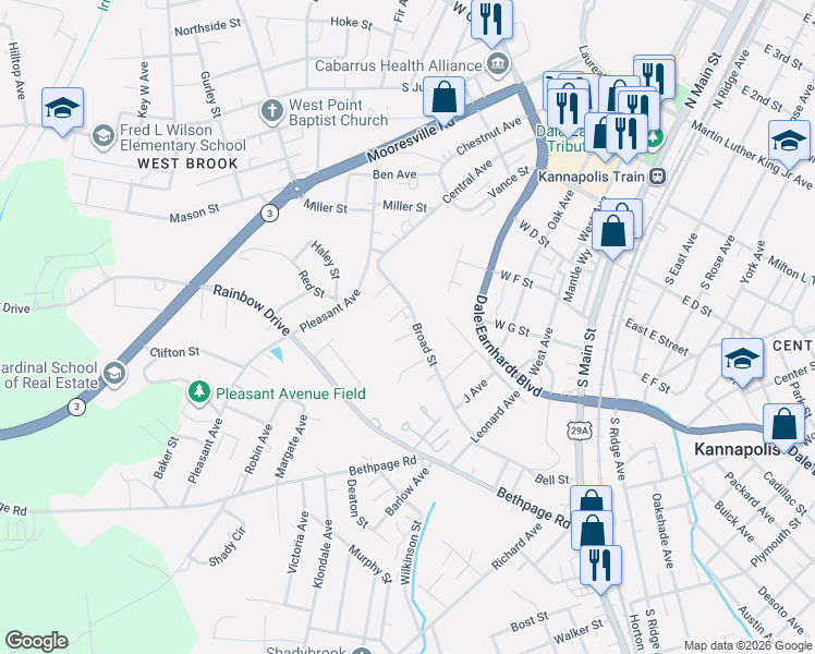 map of restaurants, bars, coffee shops, grocery stores, and more near 702 Broad Street in Kannapolis