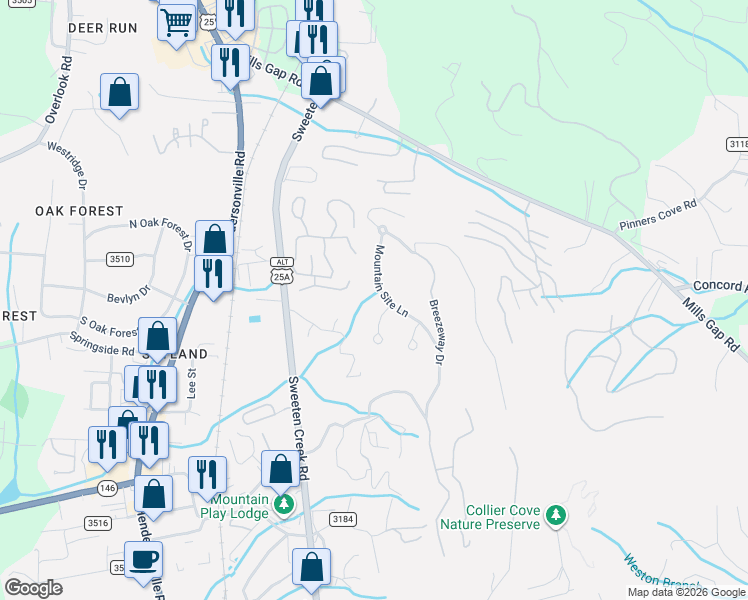 map of restaurants, bars, coffee shops, grocery stores, and more near 40 Mountain Site Lane in Asheville