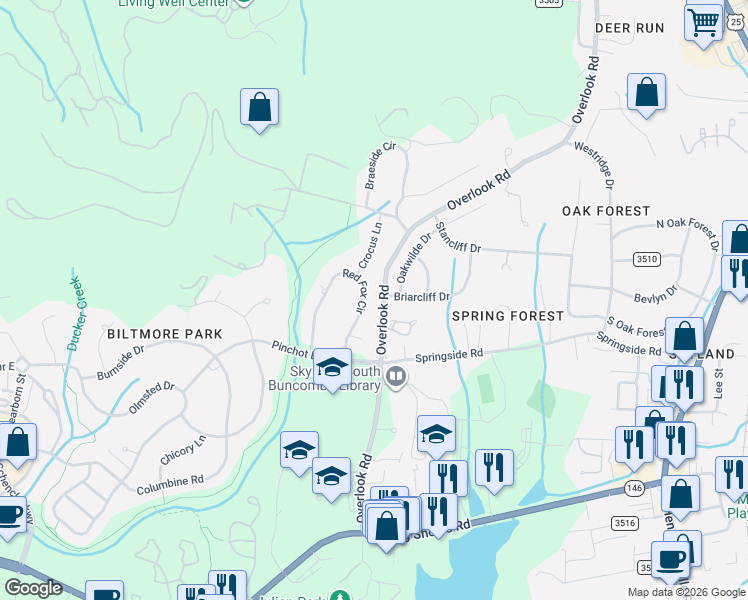 map of restaurants, bars, coffee shops, grocery stores, and more near 2 Oakwilde Drive in Asheville