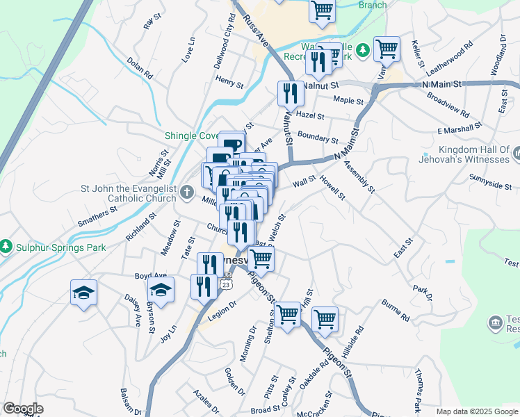 map of restaurants, bars, coffee shops, grocery stores, and more near 135 North Main Street in Waynesville