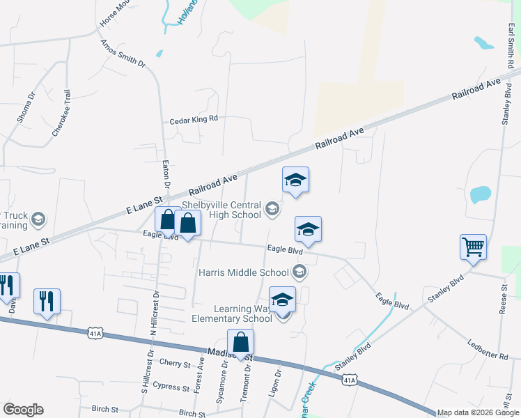 map of restaurants, bars, coffee shops, grocery stores, and more near 401 Eagle Boulevard in Shelbyville