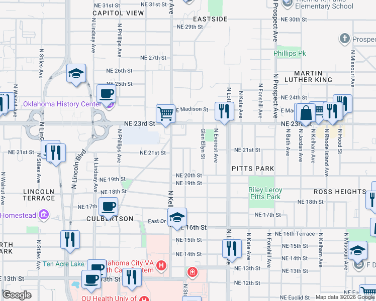 map of restaurants, bars, coffee shops, grocery stores, and more near 1119 Northeast 21st Street in Oklahoma City
