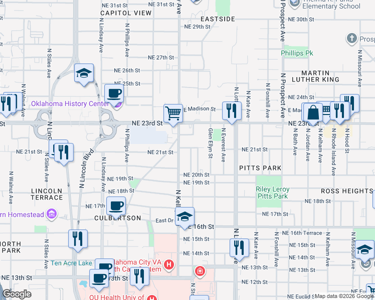 map of restaurants, bars, coffee shops, grocery stores, and more near 1009 Northeast 21st Street in Oklahoma City