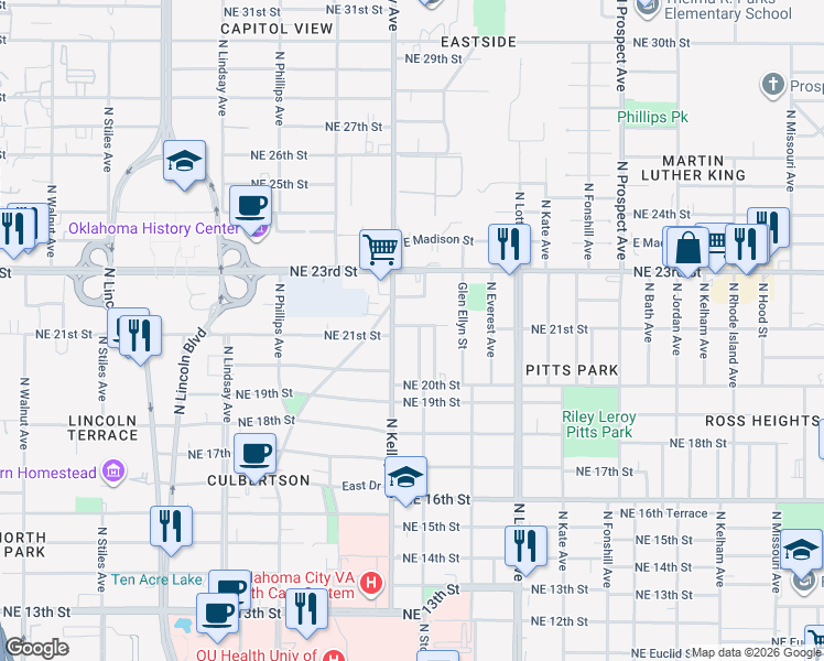 map of restaurants, bars, coffee shops, grocery stores, and more near 1009 Northeast 21st Street in Oklahoma City