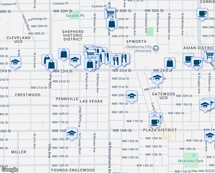 map of restaurants, bars, coffee shops, grocery stores, and more near 2100 Northwest 22nd Street in Oklahoma City