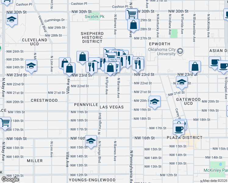map of restaurants, bars, coffee shops, grocery stores, and more near 2200 Northwest 22nd Street in Oklahoma City
