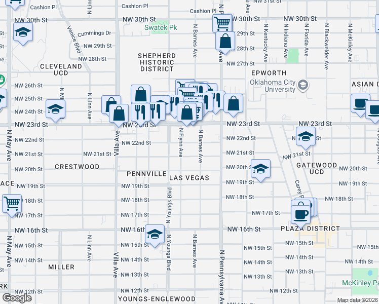 map of restaurants, bars, coffee shops, grocery stores, and more near 2230 Northwest 22nd Street in Oklahoma City