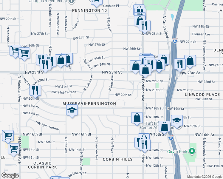 map of restaurants, bars, coffee shops, grocery stores, and more near 2129 North Roff Avenue in Oklahoma City