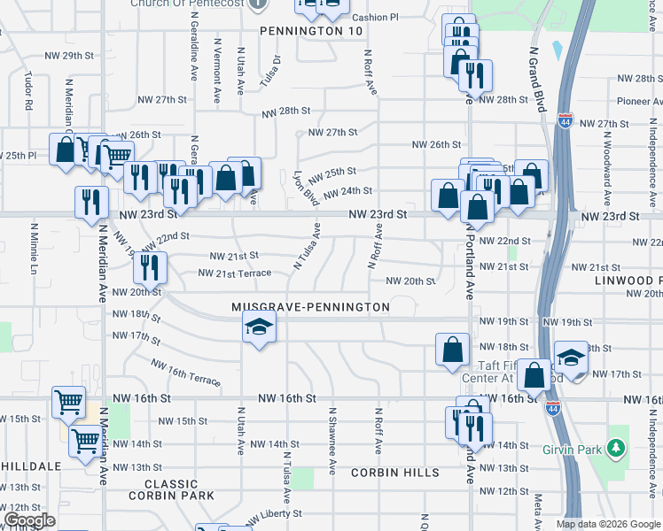 map of restaurants, bars, coffee shops, grocery stores, and more near 2138 North Sapulpa Avenue in Oklahoma City