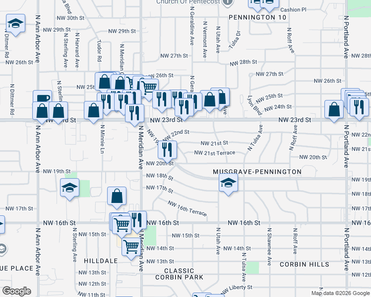 map of restaurants, bars, coffee shops, grocery stores, and more near 4324 Northwest 21st Street in Oklahoma City