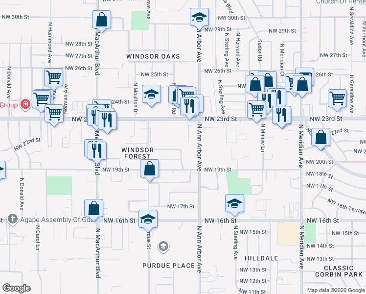 map of restaurants, bars, coffee shops, grocery stores, and more near 4921 Northwest 20th Street in Oklahoma City