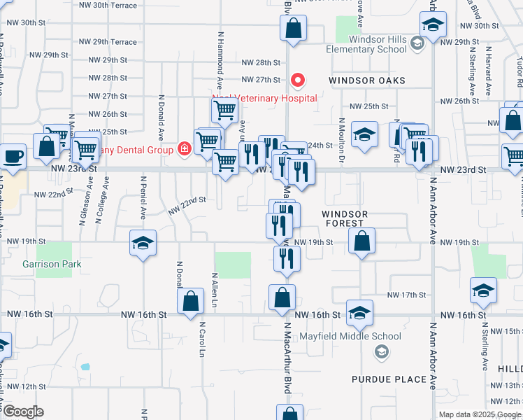 map of restaurants, bars, coffee shops, grocery stores, and more near 6100 Macarthur Park Lane in Oklahoma City