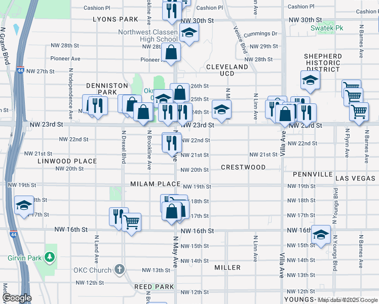 map of restaurants, bars, coffee shops, grocery stores, and more near 2837 Northwest 21st Street in Oklahoma City