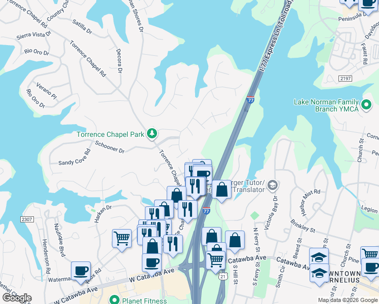 map of restaurants, bars, coffee shops, grocery stores, and more near 20336 Cathedral Oaks Drive in Cornelius