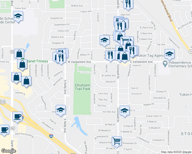 map of restaurants, bars, coffee shops, grocery stores, and more near 1501 Dianna Drive in Yukon