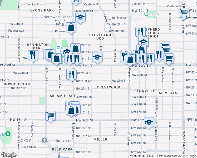 map of restaurants, bars, coffee shops, grocery stores, and more near 2745 Northwest 21st Street in Oklahoma City
