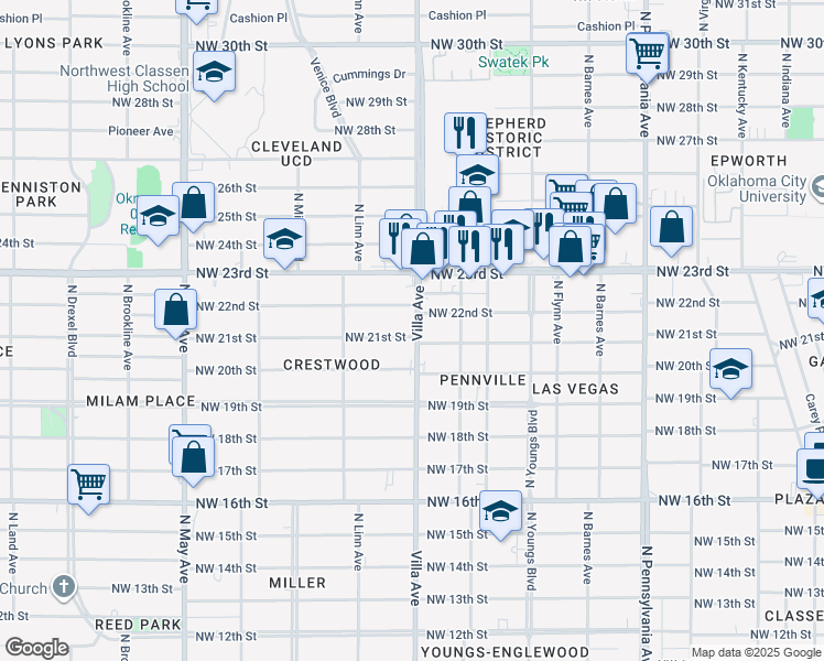 map of restaurants, bars, coffee shops, grocery stores, and more near 2501 Northwest 21st Street in Oklahoma City