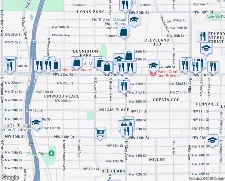 map of restaurants, bars, coffee shops, grocery stores, and more near 2937 Northwest 21st Street in Oklahoma City