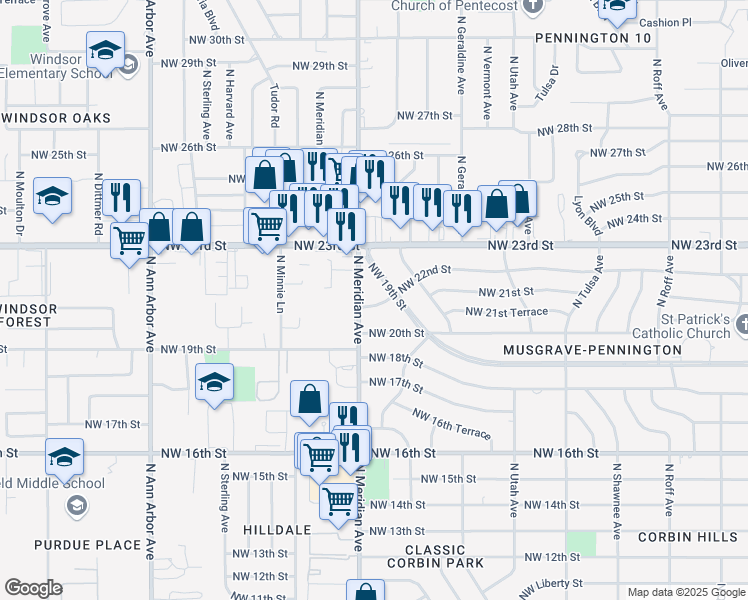 map of restaurants, bars, coffee shops, grocery stores, and more near 4417 Northwest 22nd Street in Oklahoma City