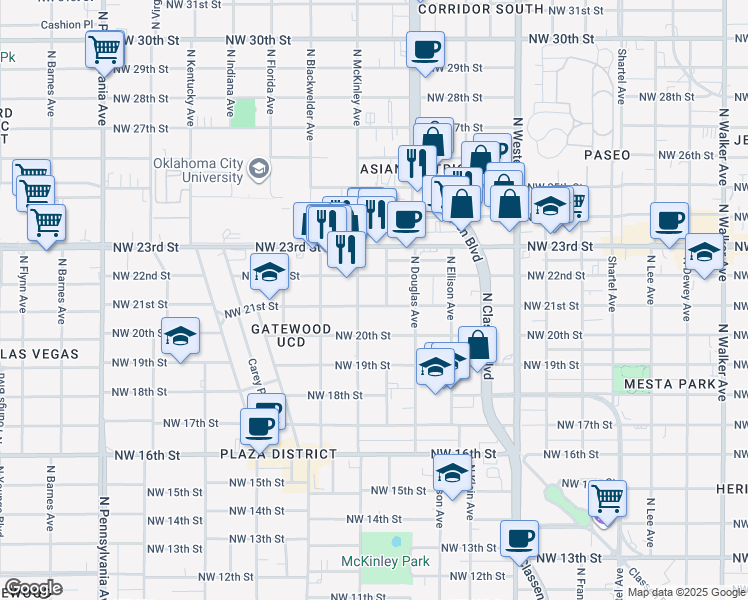 map of restaurants, bars, coffee shops, grocery stores, and more near 1509 Northwest 21st Street in Oklahoma City