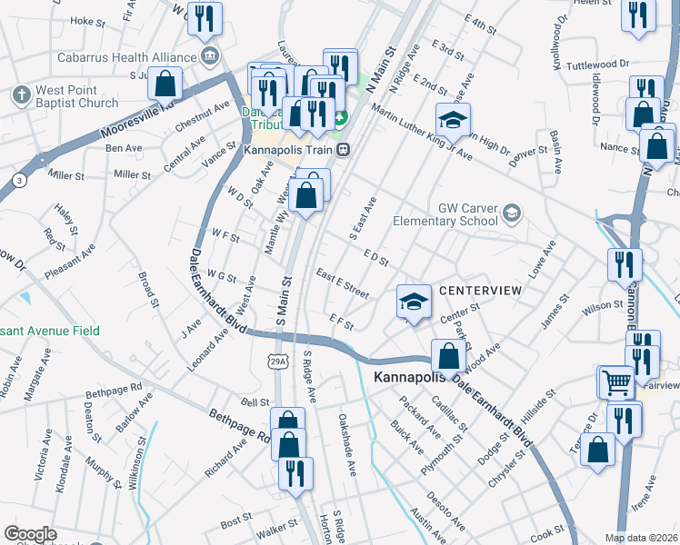map of restaurants, bars, coffee shops, grocery stores, and more near 311 South East Avenue in Kannapolis