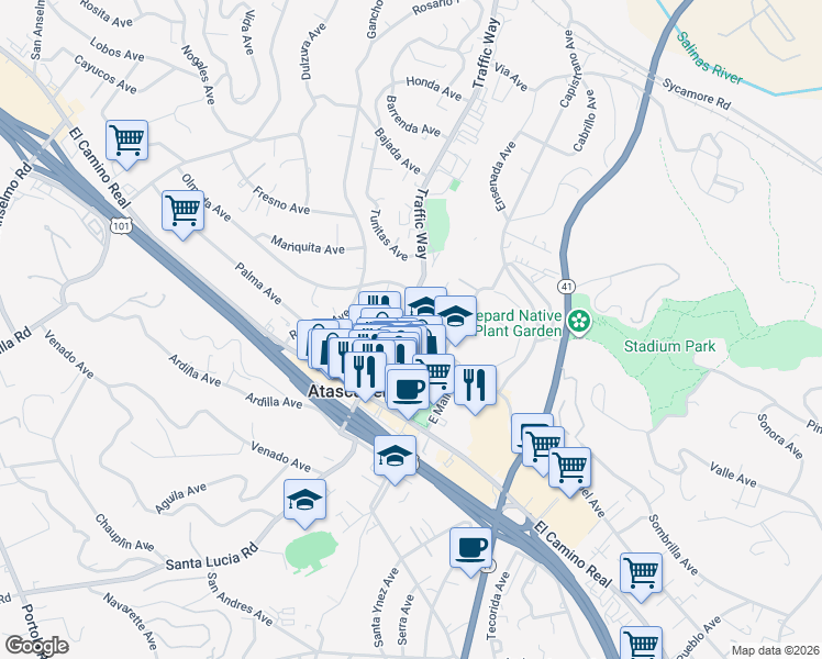 map of restaurants, bars, coffee shops, grocery stores, and more near 6005 Lewis Ave in Atascadero