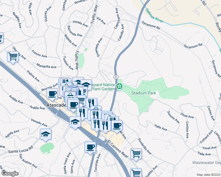map of restaurants, bars, coffee shops, grocery stores, and more near 5625 Capistrano Avenue in Atascadero