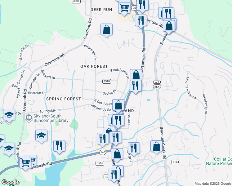 map of restaurants, bars, coffee shops, grocery stores, and more near 11 Bevlyn Drive in Asheville