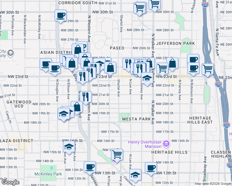 map of restaurants, bars, coffee shops, grocery stores, and more near 731 Northwest 21st Street in Oklahoma City