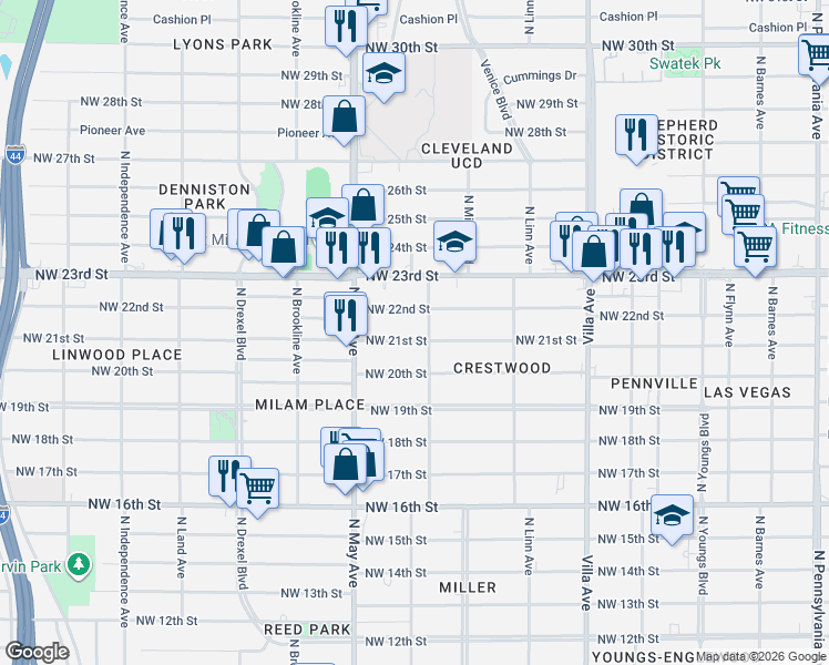 map of restaurants, bars, coffee shops, grocery stores, and more near 2801 Northwest 21st Street in Oklahoma City