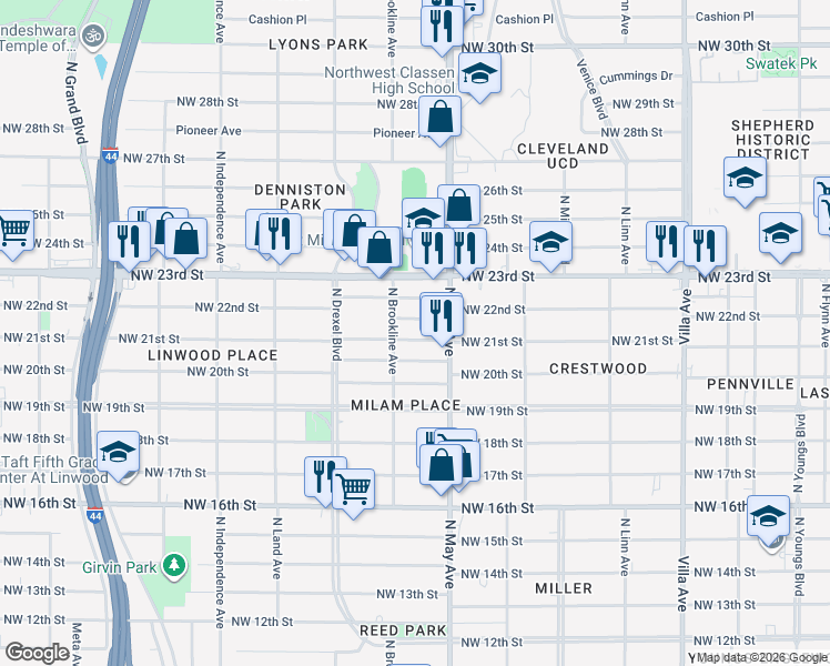 map of restaurants, bars, coffee shops, grocery stores, and more near 2208 North Brookline Avenue in Oklahoma City