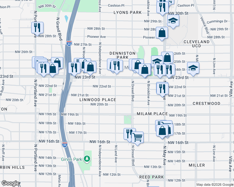 map of restaurants, bars, coffee shops, grocery stores, and more near 3141 Northwest 21st Street in Oklahoma City