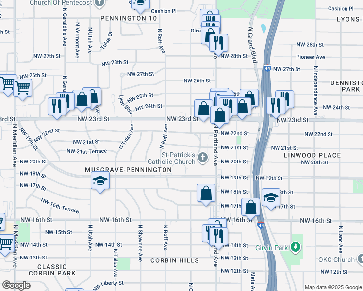 map of restaurants, bars, coffee shops, grocery stores, and more near 3843 Northwest 21st Street in Oklahoma City