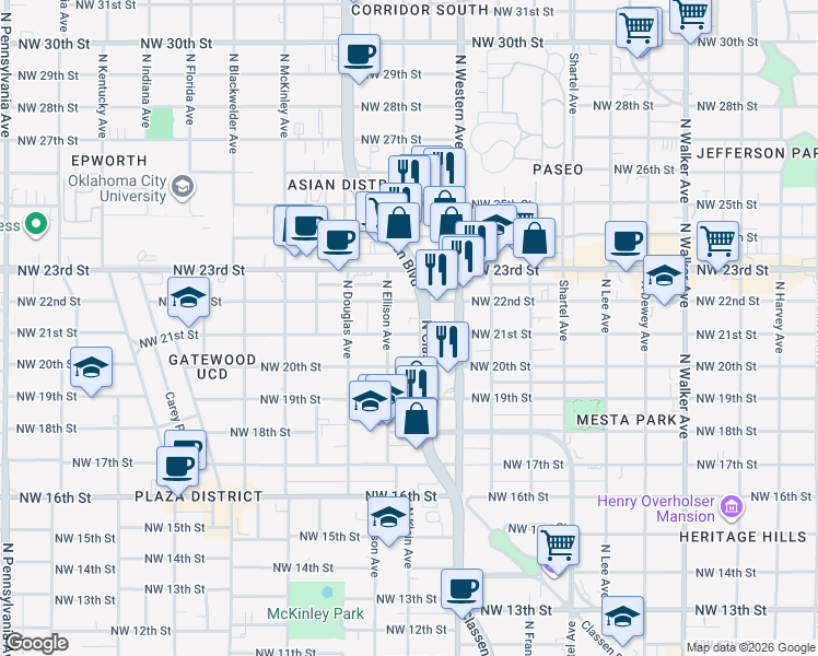 map of restaurants, bars, coffee shops, grocery stores, and more near 2201 North Classen Boulevard in Oklahoma City