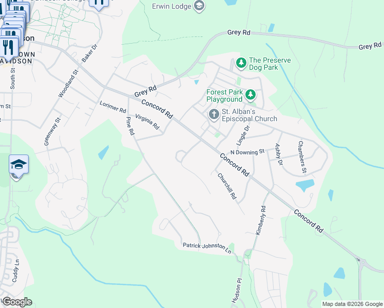 map of restaurants, bars, coffee shops, grocery stores, and more near 125 Pat Stough Lane in Davidson