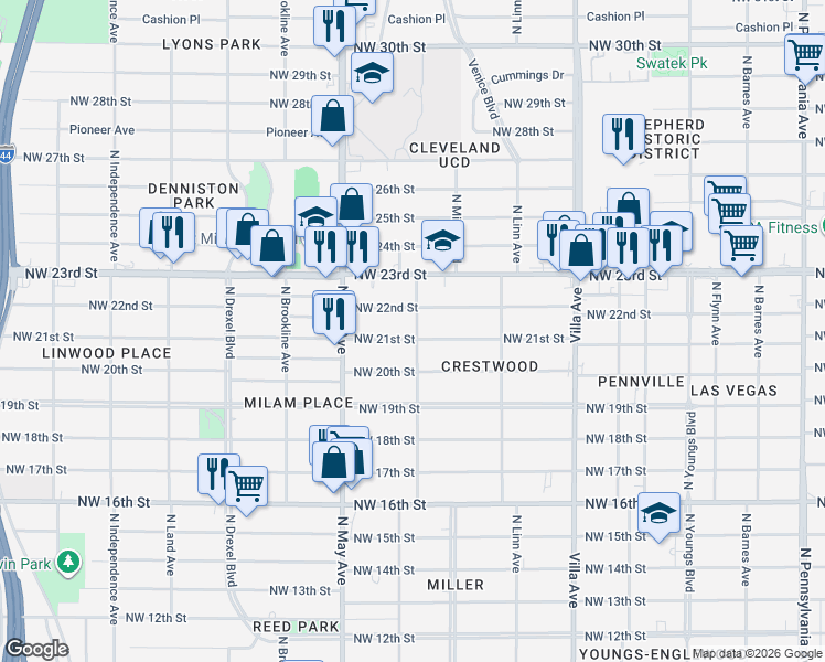 map of restaurants, bars, coffee shops, grocery stores, and more near 2801 Northwest 21st Street in Oklahoma City