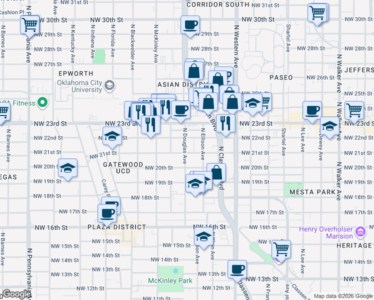 map of restaurants, bars, coffee shops, grocery stores, and more near 1329 Northwest 21st Street in Oklahoma City