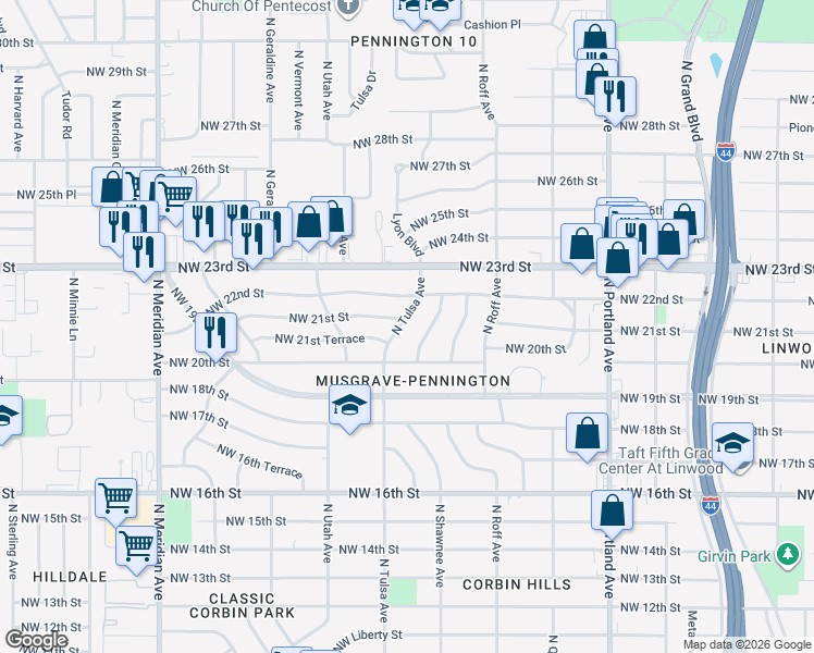 map of restaurants, bars, coffee shops, grocery stores, and more near 2136 North Tulsa Avenue in Oklahoma City