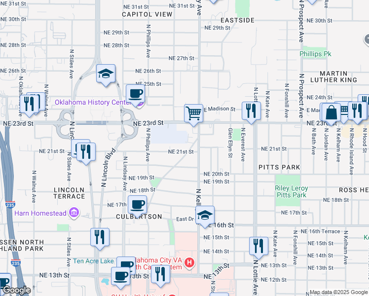 map of restaurants, bars, coffee shops, grocery stores, and more near 929 Northeast 21st Street in Oklahoma City
