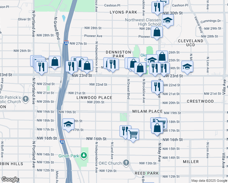map of restaurants, bars, coffee shops, grocery stores, and more near 3141 Northwest 21st Street in Oklahoma City