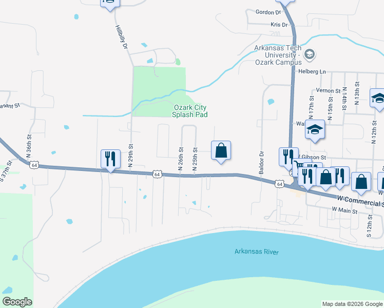 map of restaurants, bars, coffee shops, grocery stores, and more near 205 North 25th Street in Ozark