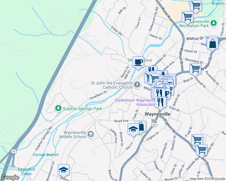 map of restaurants, bars, coffee shops, grocery stores, and more near 459 Smathers Street in Waynesville