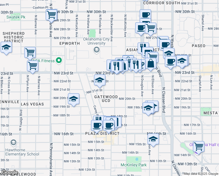 map of restaurants, bars, coffee shops, grocery stores, and more near 1715 Northwest 21st Street in Oklahoma City
