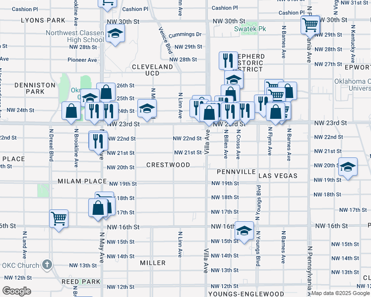 map of restaurants, bars, coffee shops, grocery stores, and more near 2541 Northwest 21st Street in Oklahoma City